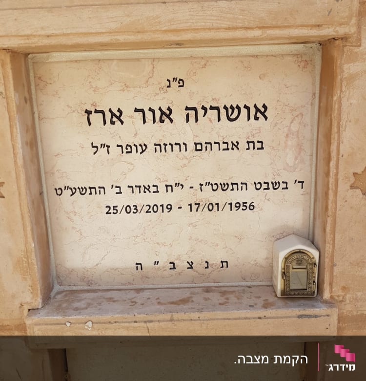 מצבה עם כיתוב בעברית ונרות זיכרון